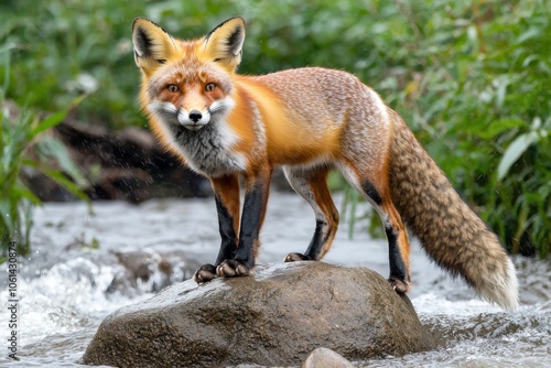 A red fox stands on a rock in a stream, showcasing its vibrant fur and keen expression in a natural setting.