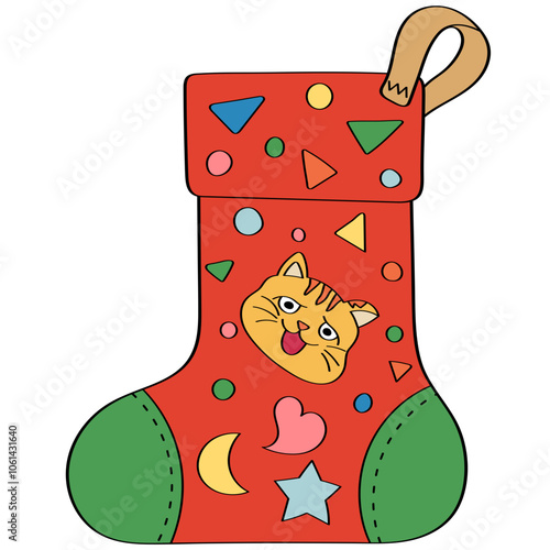 Christmas Stocking embroider with a kitten face filled outline doodle