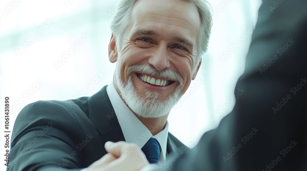 A smiling man in a suit shakes hands in a business setting, conveying a sense of agreement. A smiling man in a suit shakes hands in a business setting, conveying a sense of agreement.