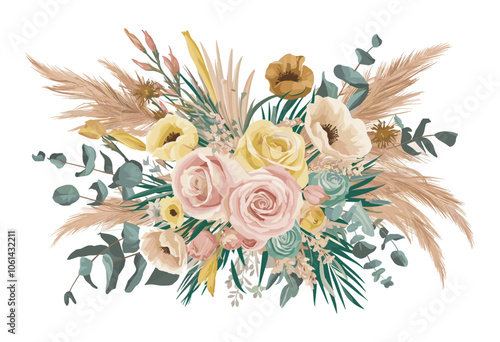 Boho chic wedding bouquet with summer flowers. Beautiful arrangement of roses, poppies, eucalyptus leaves, pampas grass in pastel shades of pink, yellow, beige, teal colors. Vector isolated.