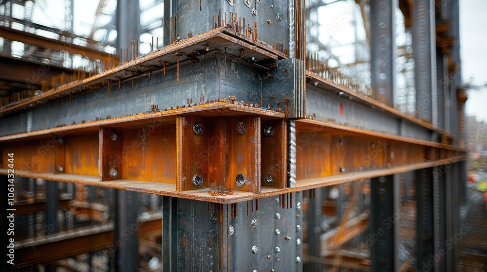 Close-Up of Rusted Steel Beams in Urban Construction Site Showcasing Industrial Architecture and Structural Engineering Details Close-Up of Rusted Steel Beams in Urban Construction Site Showcasing Industrial Architecture and Structural Engineering Details