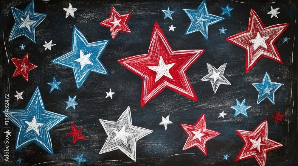 Colorful Chalk Stars on Blackboard Background - Red, White, and Blue Starry Pattern for Festive and Patriotic Designs Colorful Chalk Stars on Blackboard Background - Red, White, and Blue Starry Pattern for Festive and Patriotic Designs