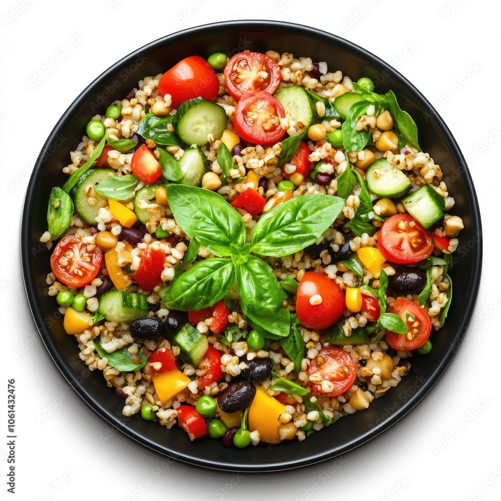 Colorful Fresh Vegetable Salad with Grains and Herbs in Black Bowl on White Background - Healthy Vegan Meal Concept Colorful Fresh Vegetable Salad with Grains and Herbs in Black Bowl on White Background - Healthy Vegan Meal Concept