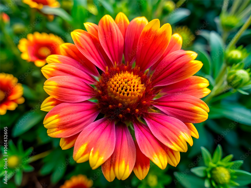 Colorful flower with yellow center. Flower with yellow and red color.