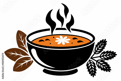 Winter Comfort Food silhouettes: Warm Soup in Bowl on white background 