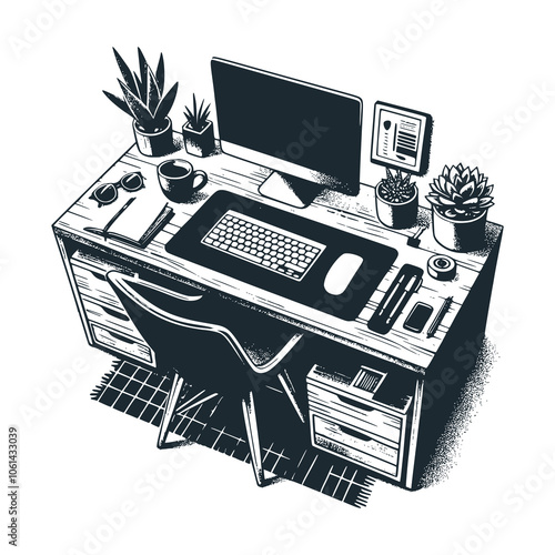 Decorative plants on the work desk. Black white vector illustration.