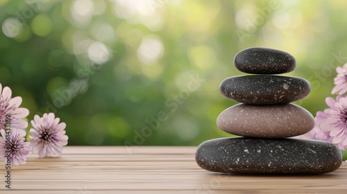 A serene stack of stones rests on a wooden surface, surrounded by soft flowers and a lush green background, evoking tranquility and balance.