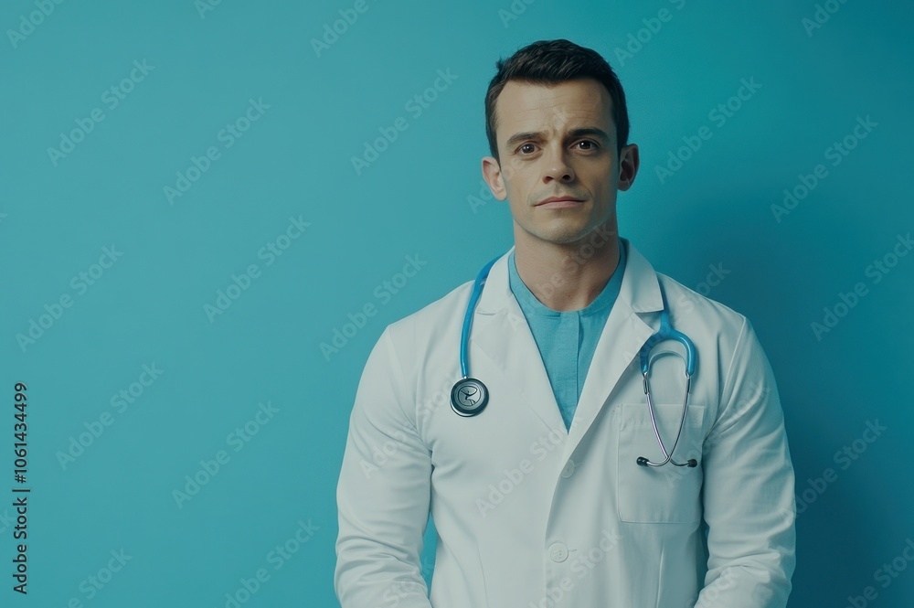 A male doctor in a white coat stands confidently against a blue background. A male doctor in a white coat stands confidently against a blue background.