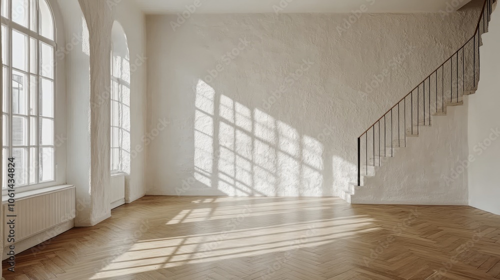 Obraz premium Sunlit Minimalist Interior with Wooden Floor and Elegant Staircase in Modern Architectural Design