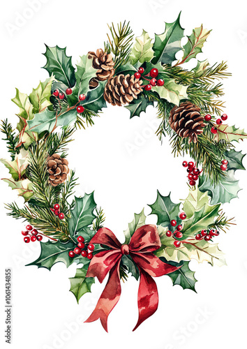 A festive Christmas wreath adorned with pinecones, holly, and a red bow, perfect for holiday decoration.