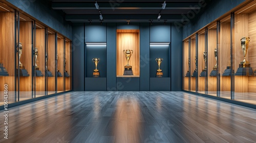 Trophy Room with Glass Cases and Wooden Floor.