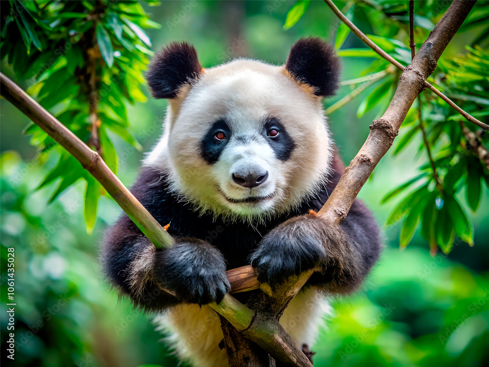 Obraz premium Panda hanging from the branches in tropical forest close up portrait.