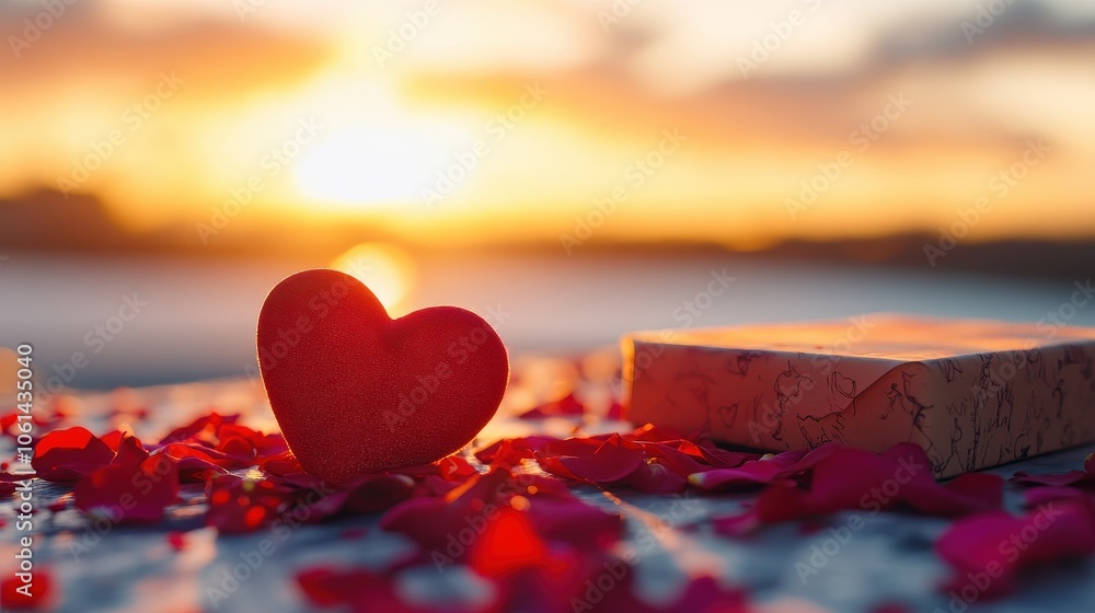 Fototapeta premium Romantic Sunset Lake Landscape with Heart-Shaped Object