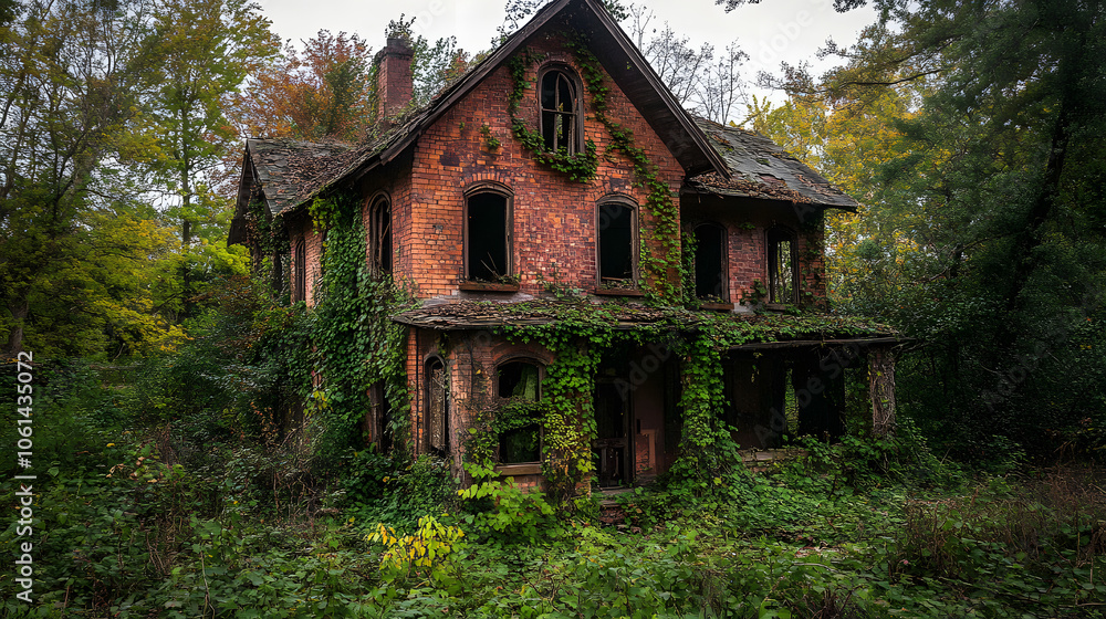 A haunted house overgrown with toxic ivy and thorny vines. A haunted house overgrown with toxic ivy and thorny vines.