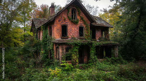 A haunted house overgrown with toxic ivy and thorny vines. photo