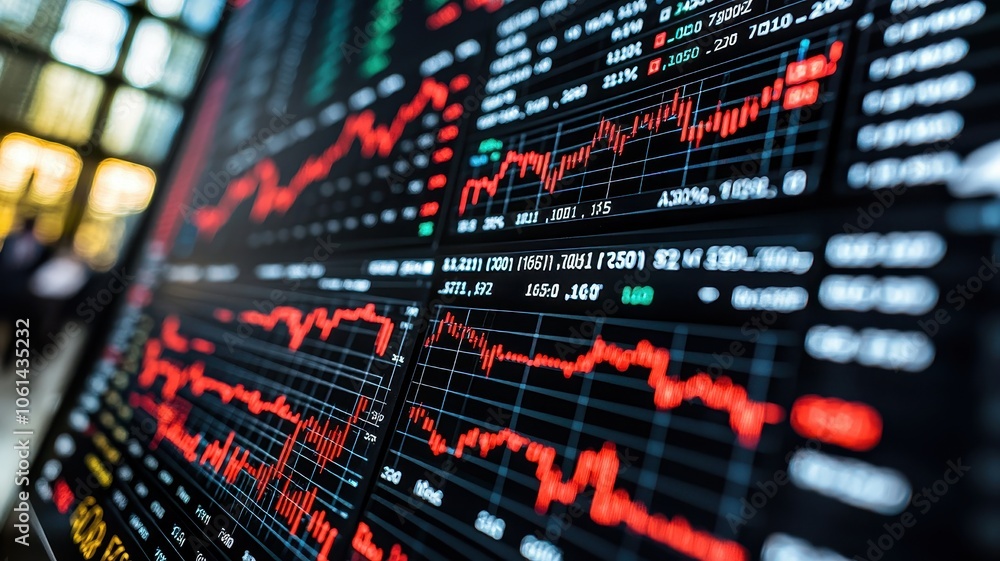 A close-up view of a financial trading screen displaying stock market data with red and green graphs representing fluctuations and trends in various stocks. A close-up view of a financial trading screen displaying stock market data with red and green graphs representing fluctuations and trends in various stocks.