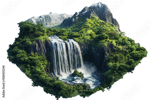 A stunning natural waterfall cascading down lush green mountains in a serene landscape. © Phuwadon