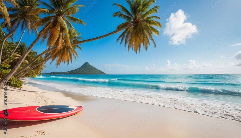 A sunny beach scene with a red kayak and palm trees on a tropical coast A sunny beach scene with a red kayak and palm trees on a tropical coast