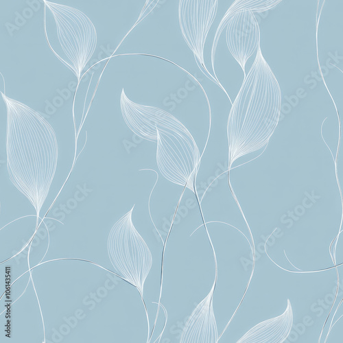 Seamless pattern of soft relaxing minimalist white line drawing fine lines flowing botanical pattern curves and swirls on baby blue background photo