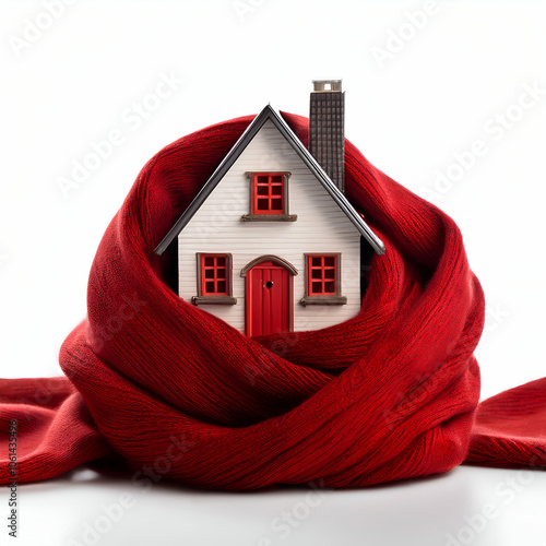 house in the shape.Cute little house wrapped snugly in a large red scarf, isolated on white, conveying a warm and inviting feeling