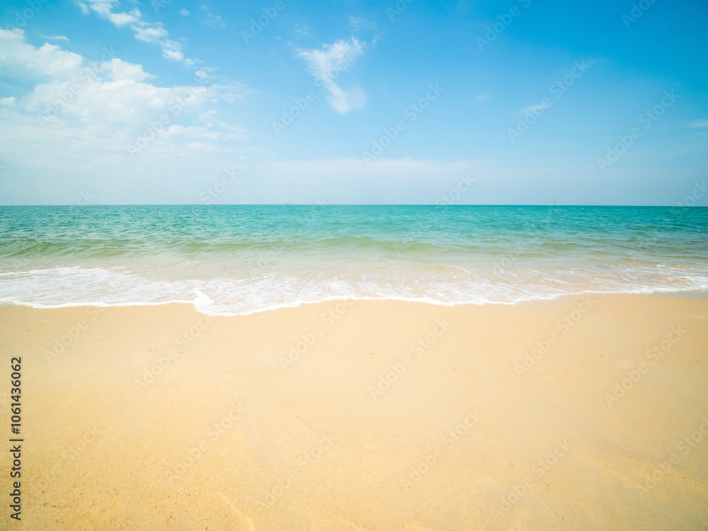 Fototapeta premium Beautiful horizon landscape summer season panorama front view point tropical sea beach white sand clean and blue sky background calm nature ocean wave water travel at Sai Kaew Beach thailand holiday