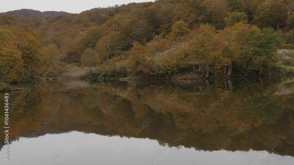 曇りの日の、カラフルな紅葉と、紅葉が反射している湖 曇りの日の、カラフルな紅葉と、紅葉が反射している湖