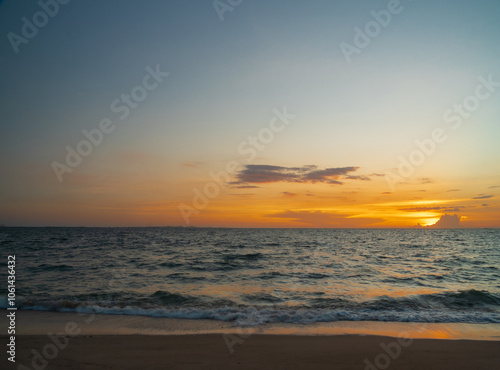 Sunset sea panorama view landscape horizon beautiful summer season shore nobody wind soft wave cool holiday look calm big sunset sky twilight evening day time nature tropical coast ocean water travel