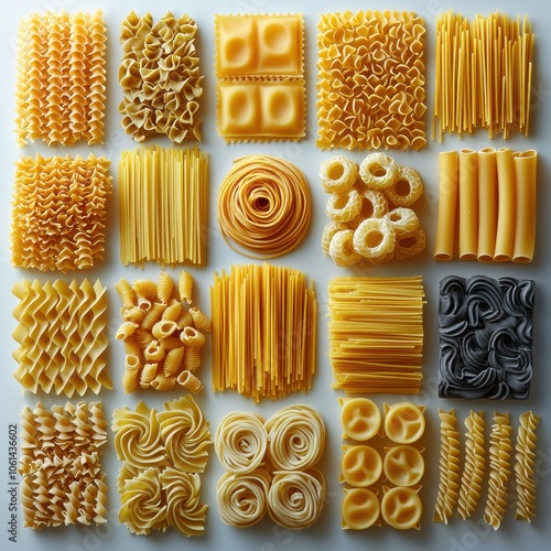 A vibrant collection of various pasta types displayed on a white background, showcasing different shapes and textures, perfect for culinary arts and food photography.