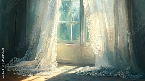 Sunlit Window with Sheer Lace Curtains