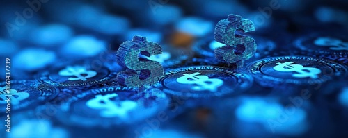 Close-up of dollar sign figures on digital currency tokens against a blue background, symbolizing finance and investment opportunities in today's digital economy.