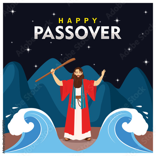 Moses parted the Red Sea. Jewish holiday Pesach. Passover Day concept. Flat vector illustration.