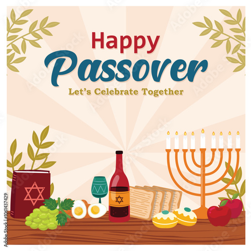 Easter meal with candles and holy book. Joyful Easter celebration. Passover Day concept. Flat vector illustration.