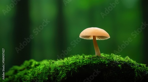 Single mushroom on vibrant green moss in a serene forest setting. macro texture background.