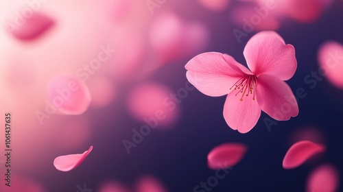 Single pink cherry blossom petal floating in a soft, blurred background. macro texture background.
