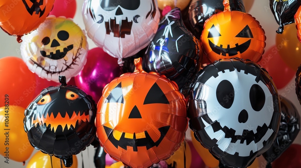 Obraz premium Colorful Halloween balloons with various spooky faces, pumpkins, skulls, ghosts, and other designs.