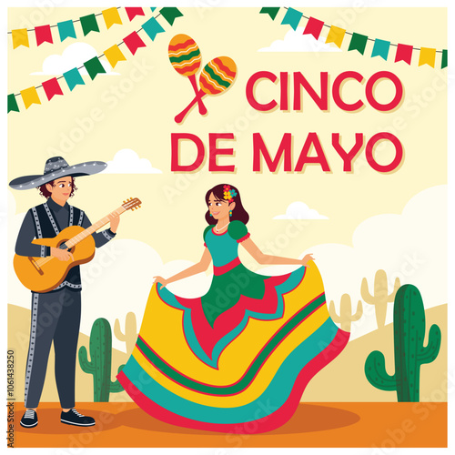 Men and women in the Cinco de Mayo parade. Men wearing sombreros play guitar and women dance in traditional clothes. Cinco de mayo concept. Flat vector illustration.