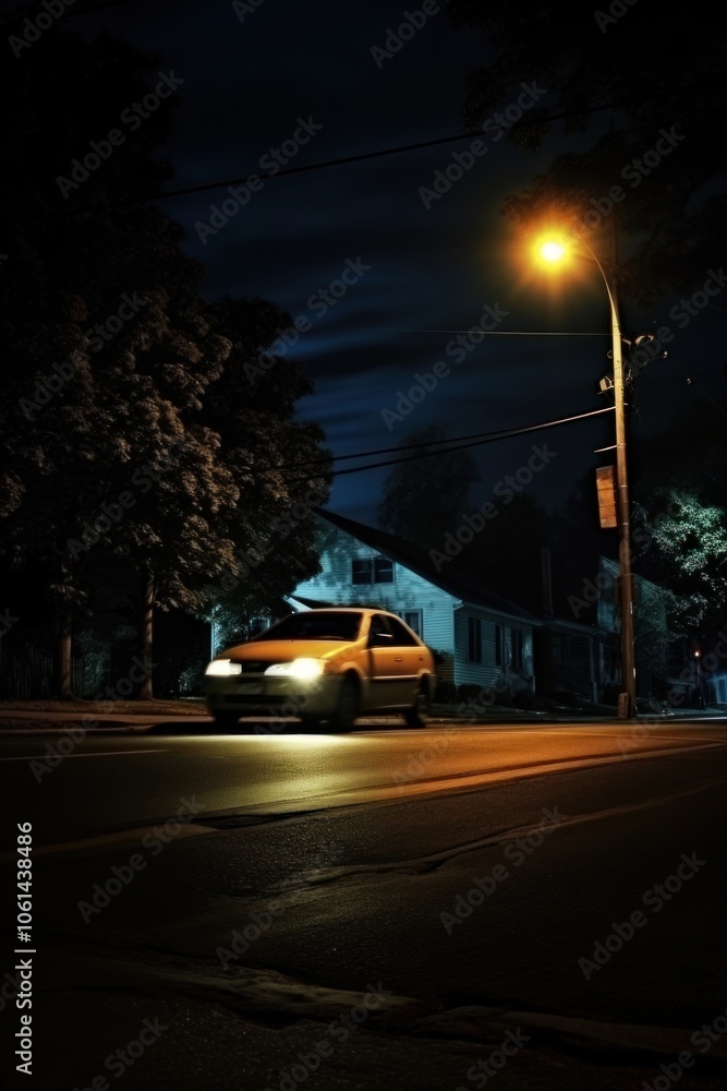 Fototapeta premium A car is driving street night outdoors.