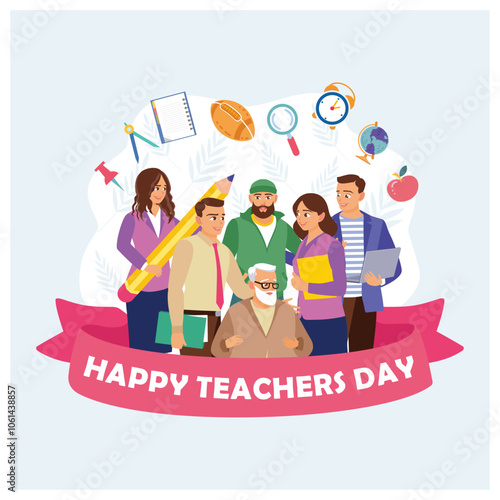 A group of teachers from various disciplines gathered together. Celebrating Teacher's Day, October 5. Teacher's Day concept. Flat vector illustration.