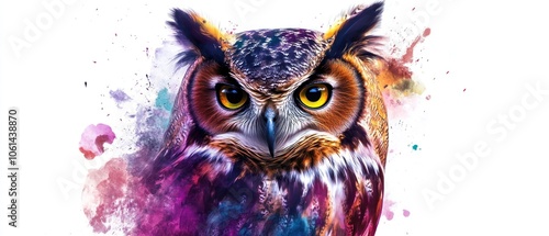 A colorful watercolor painting of an owl with a white background.