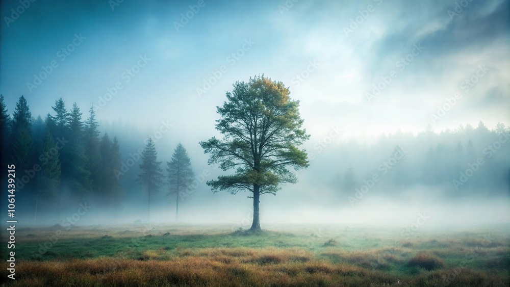 A misty forest landscape with a lone tree standing tall amidst the foggy atmosphere, misty, grey background, forest, nature A misty forest landscape with a lone tree standing tall amidst the foggy atmosphere, misty, grey background, forest, nature