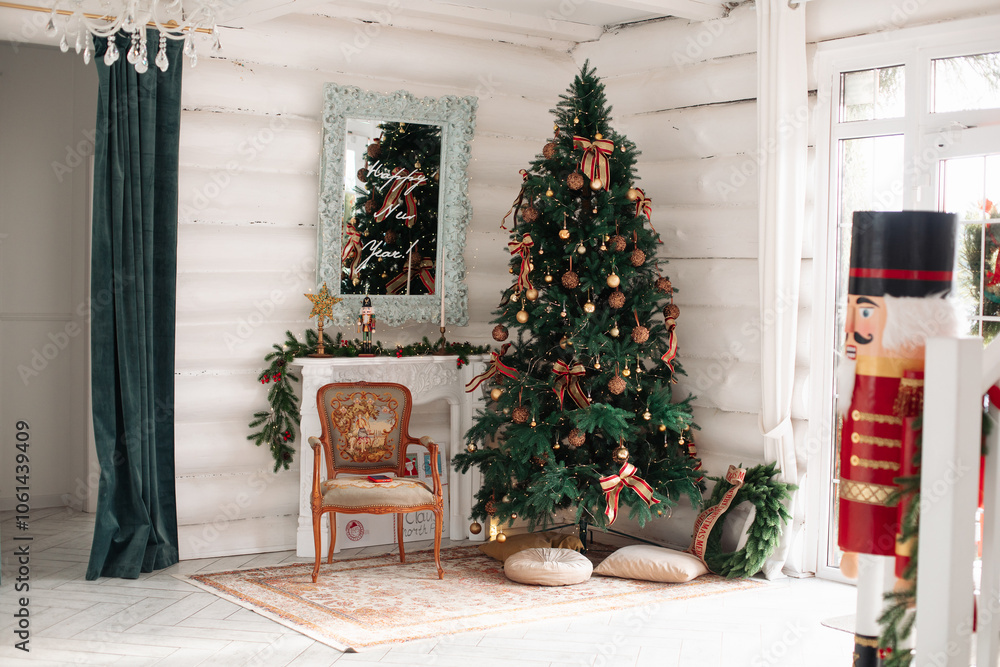 Fototapeta premium Stylish Christmas tree, New Year's interior, beautiful decor in the house