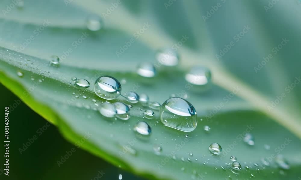 Close-up of water droplets on a green leaf. Close-up of water droplets on a green leaf.
