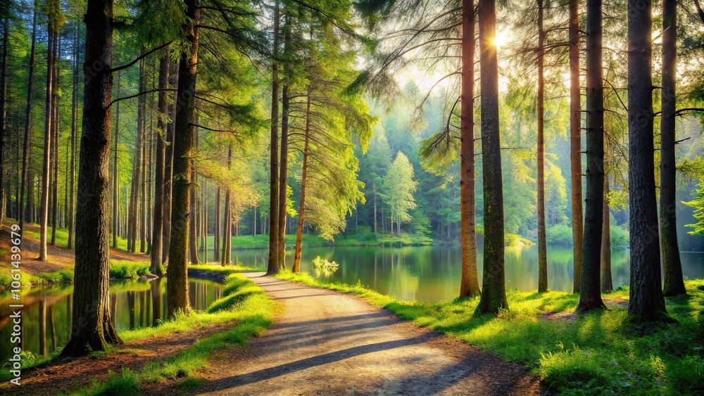Fototapeta premium A serene forest with tall trees and a winding path leading to a tranquil lake, lake, serenity