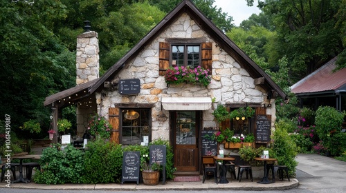 Charming stone cottage restaurant surrounded by greenery, featuring rustic decor and inviting outdoor seating.