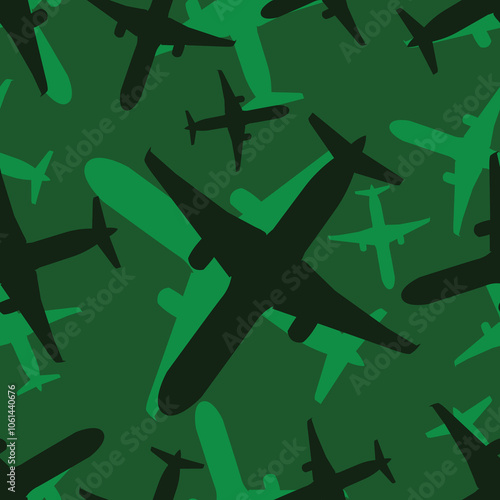 Seamless green airplane bottom view silhouettes traveling pattern vector