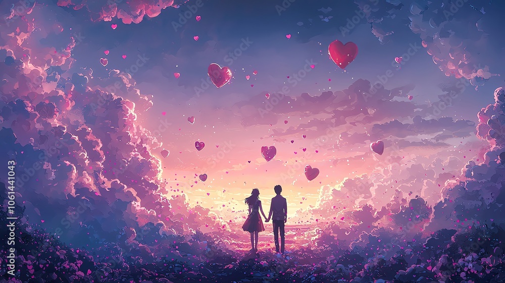 Couple holding hands in dreamy sky clouds Couple holding hands, romantic sunset scene Couple holding hands in dreamy sky clouds Couple holding hands, romantic sunset scene