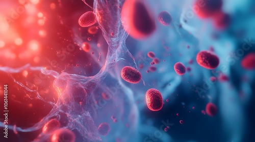 Detailed Artery View with Red Blood Cells Flowing in Soft Blue and Red Tones photo