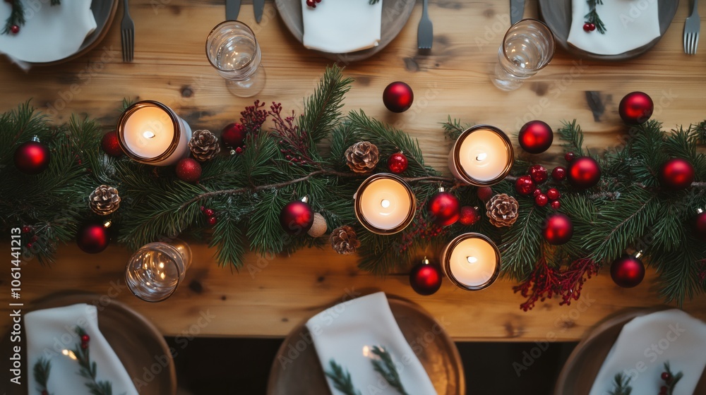 Festive Table Setting: Warmth and holiday cheer fill the air as a beautifully decorated dining table awaits guests. Candles glow softly, reflecting off the red ornaments and sprigs of evergreen. Festive Table Setting: Warmth and holiday cheer fill the air as a beautifully decorated dining table awaits guests. Candles glow softly, reflecting off the red ornaments and sprigs of evergreen.