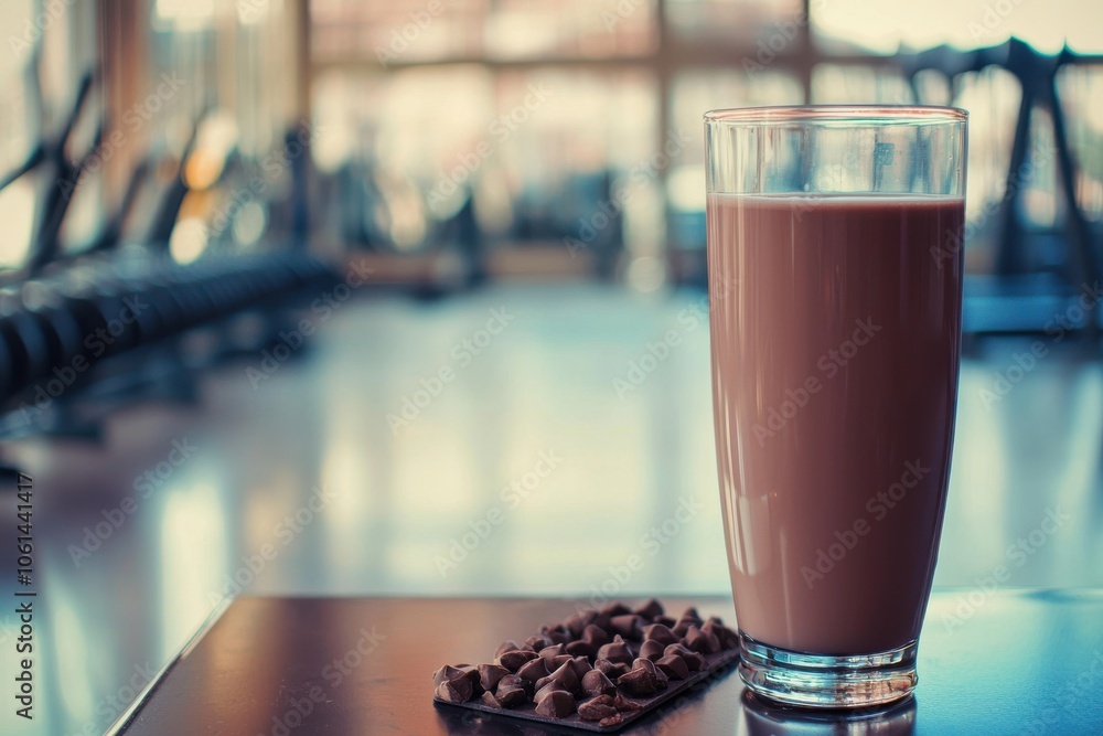 A glass of chocolate milk sits on a table next to chocolate chips, with a gym in the background, suggesting a post-workout treat. A glass of chocolate milk sits on a table next to chocolate chips, with a gym in the background, suggesting a post-workout treat.