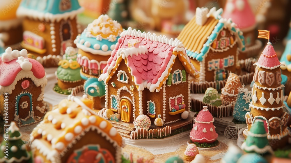 Obraz premium Gingerbread Village Delight: A charming close-up of an enchanting gingerbread village, showcasing intricately decorated houses and festive details. Perfect for holiday cards, blogs, and websites. 
